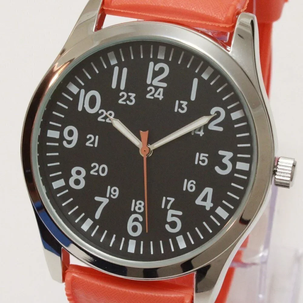 Men's Quartz Field Watch Silver Case Orange Tropical Rubber Strap 42mm